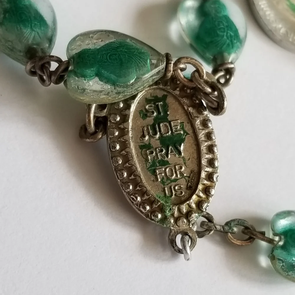 Vintage Saint Jude rosary bubble bead catholic lucite green silver gold tone